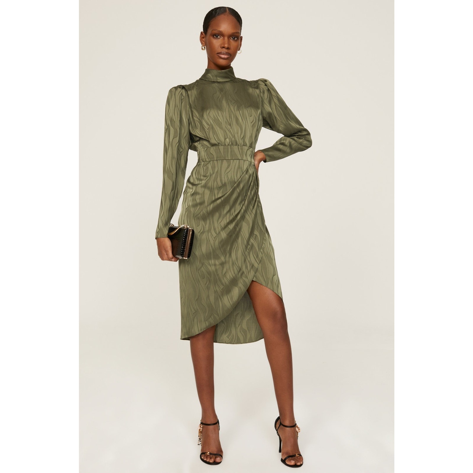 Ronny Kobo Collective Green Puff Long Sleeve Mock Neck Hi-Low Midi Dress Size 8
